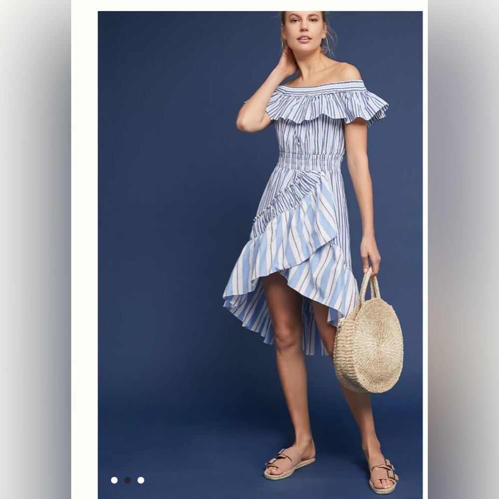 MISA Los Angeles Riley Blue White Striped Off Shoulder Ruffle Dress Size S